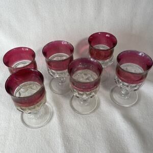 Set Of 6 Vintage Small Cordial Red Flashed Thumbprint Glasses